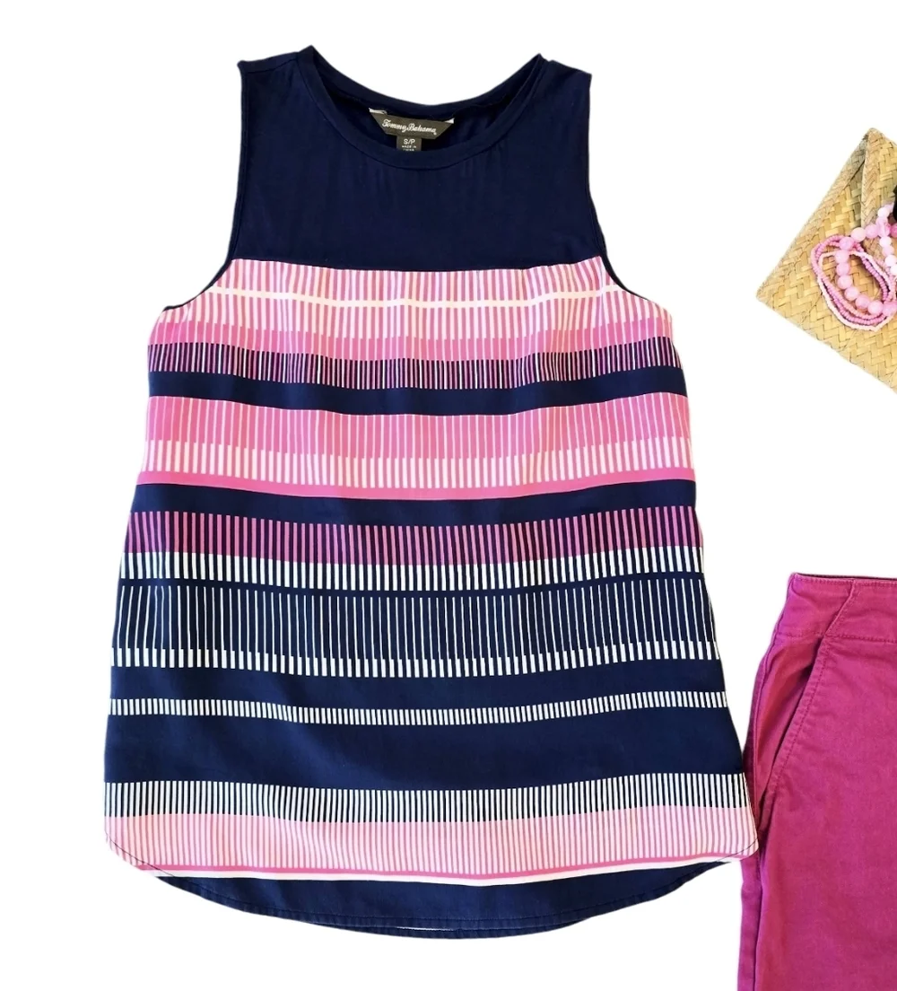 Tommy Bahama Women's Striped Pink Navy Sleeveless Top Size Small Silk Outdoors - Picture 13 of 13